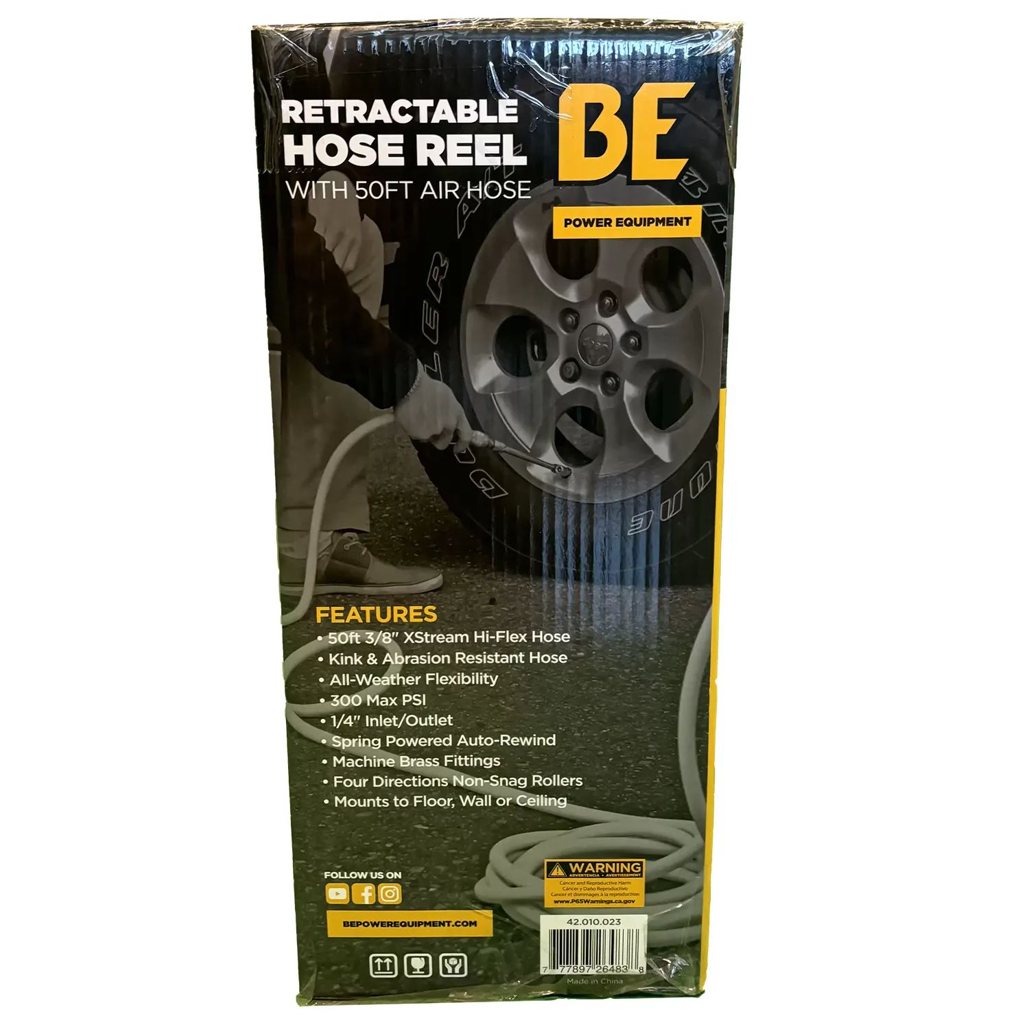 BE Equipment 42.010.023 50' 300PSI Pressure Washer Retractable Hose Reel